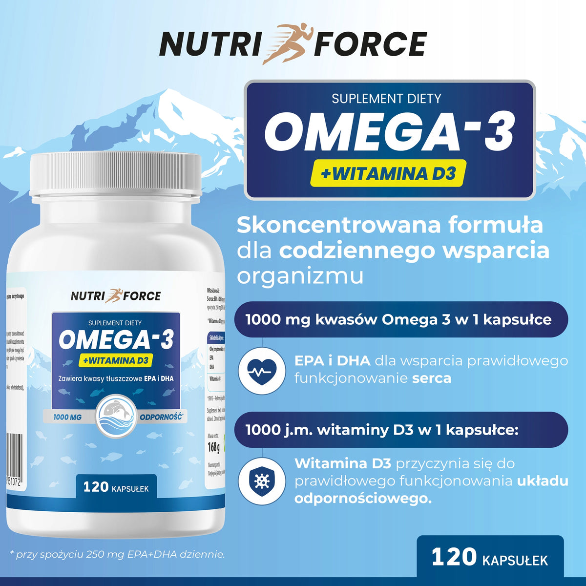 OMEGA 3 + D3 90 kaps. – EPA DHA + Witamina D 2000 IU, serce odporność kości