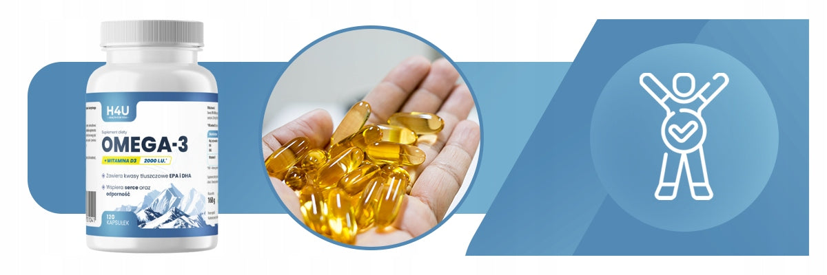 OMEGA 3 + WITAMINA D3 120 KAPS. KWASY OMEGA-3 ODPORNOŚĆ WZROK KOŚCI H4U