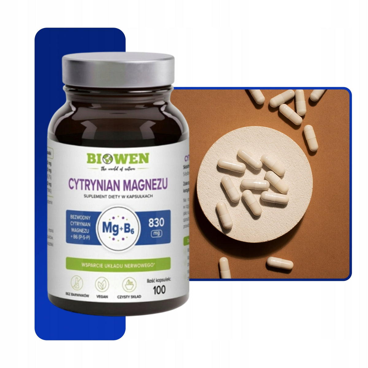 BIOWEN CYTRYNIAN MAGNEZU 825MG + WIT B6 P-5-P MIĘŚNIE SKURCZE SERCE 100 KAP