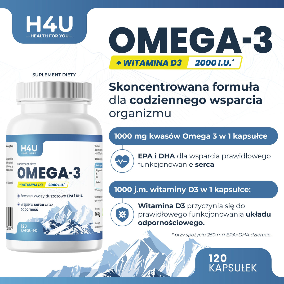 OMEGA 3 + WITAMINA D3 120 KAPS. KWASY OMEGA-3 ODPORNOŚĆ WZROK KOŚCI H4U