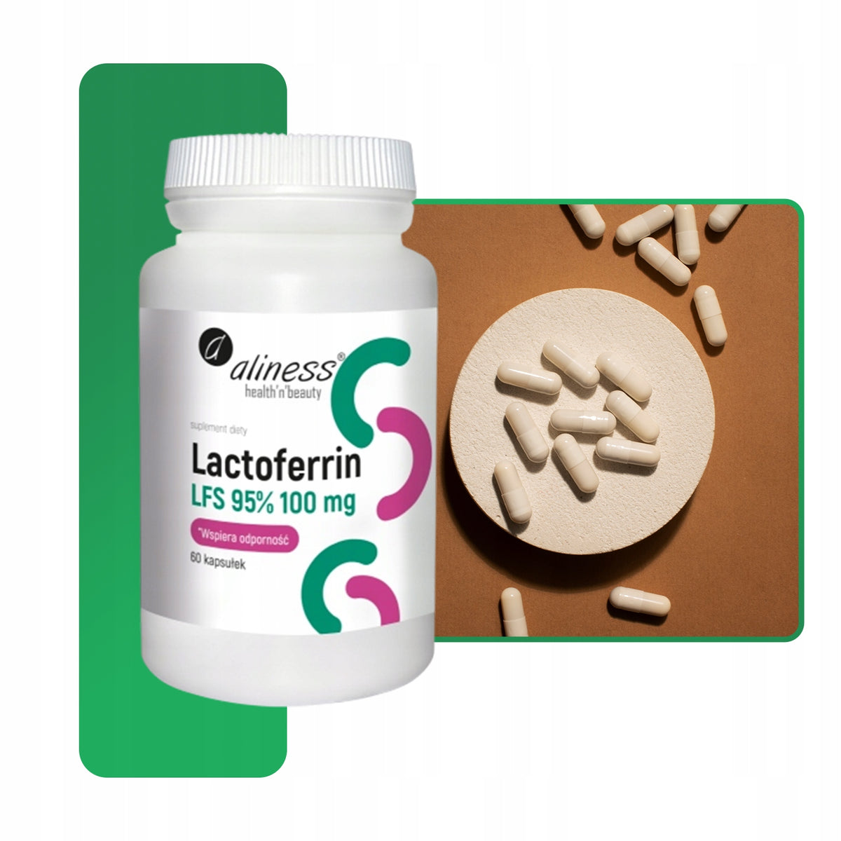 ALINESS LACTOFERRIN LAKTOFERYNA LFS 95% 100MG 60 KAP ODPORNOŚĆ ANEMIA SKÓRA