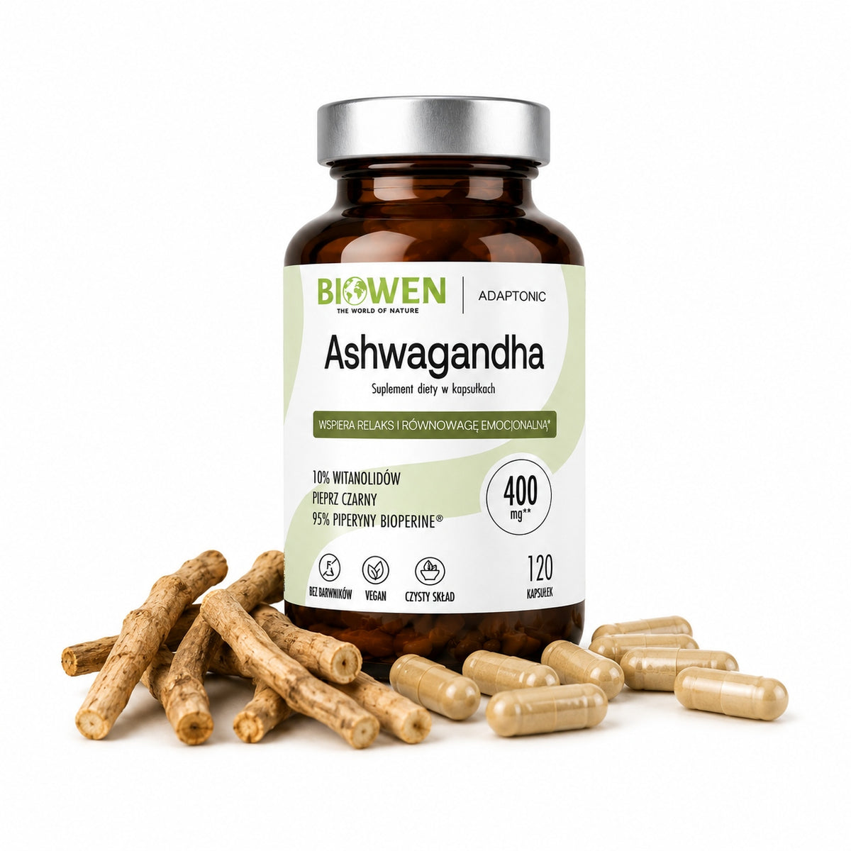 BIOWEN ASHWAGANDHA 10% 400mg PAMIĘĆ SEN NERWY STRES ENERGIA VEGE 120 kaps