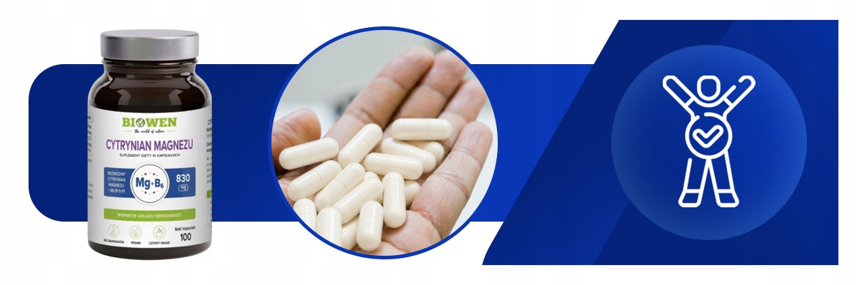 BIOWEN CYTRYNIAN MAGNEZU 825MG + WIT B6 P-5-P MIĘŚNIE SKURCZE SERCE 100 KAP