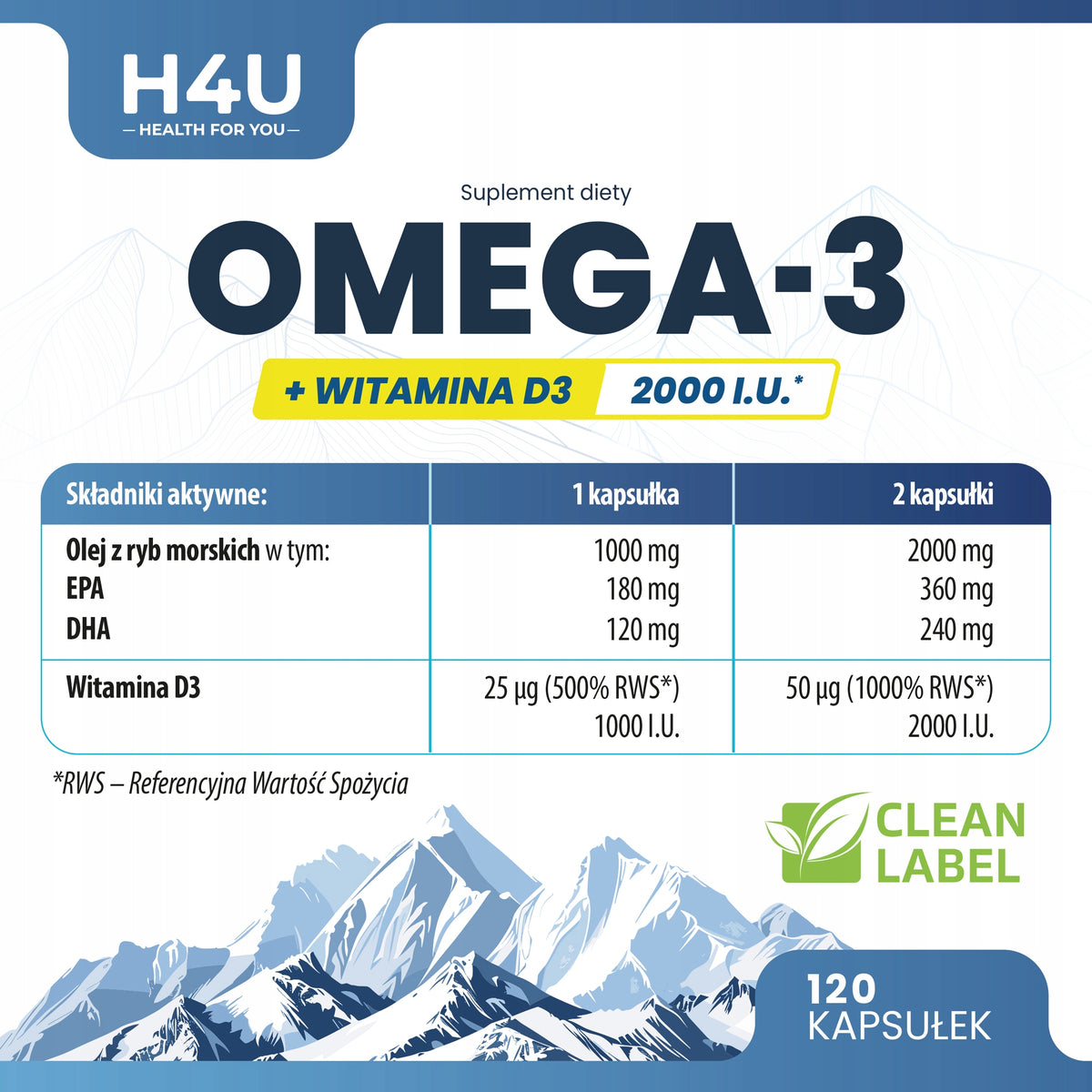 OMEGA 3 + WITAMINA D3 120 KAPS. KWASY OMEGA-3 ODPORNOŚĆ WZROK KOŚCI H4U