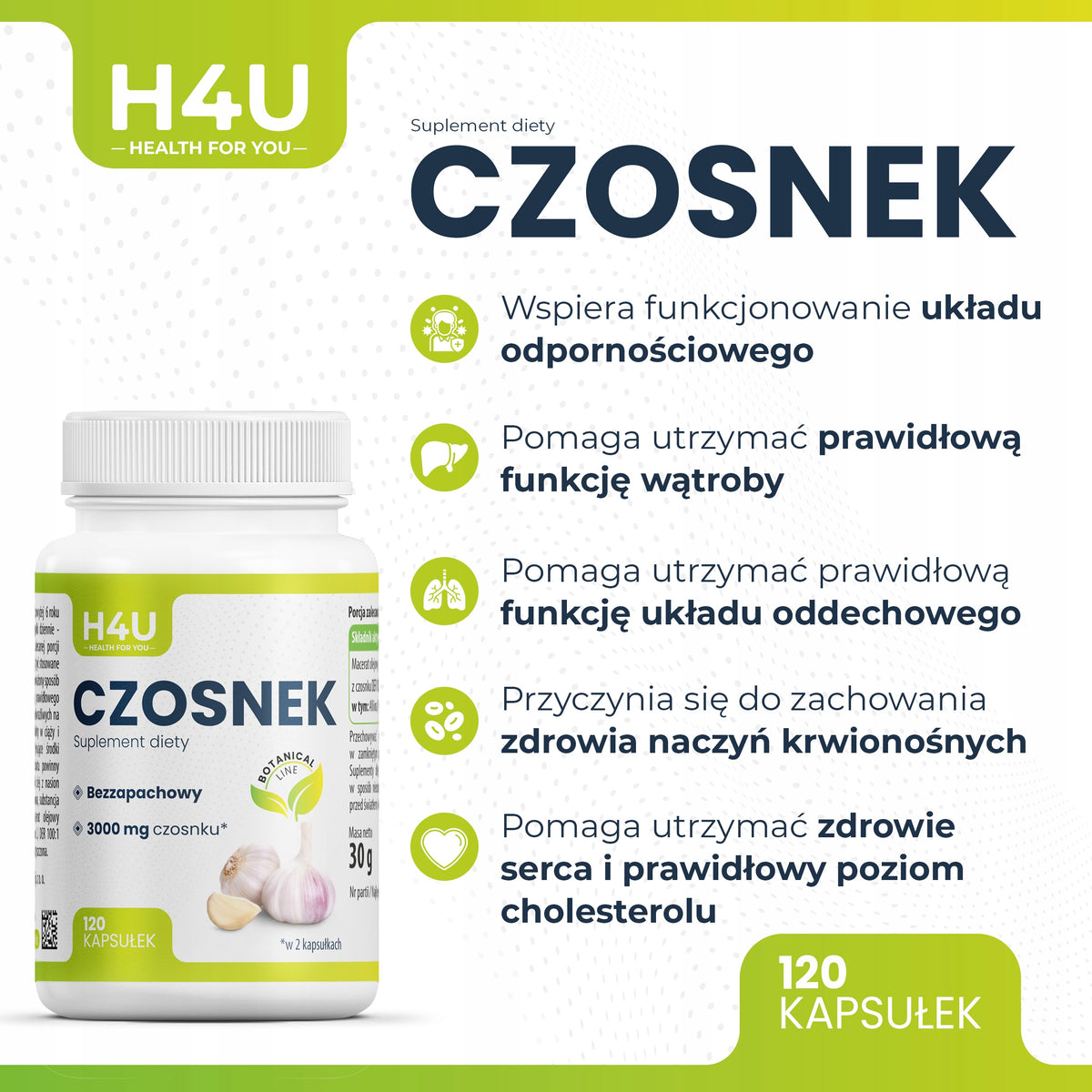 Czosnek Bezzapachowy H4U 3000 mg 120 kapsułek Odporność Serce DER 100:1