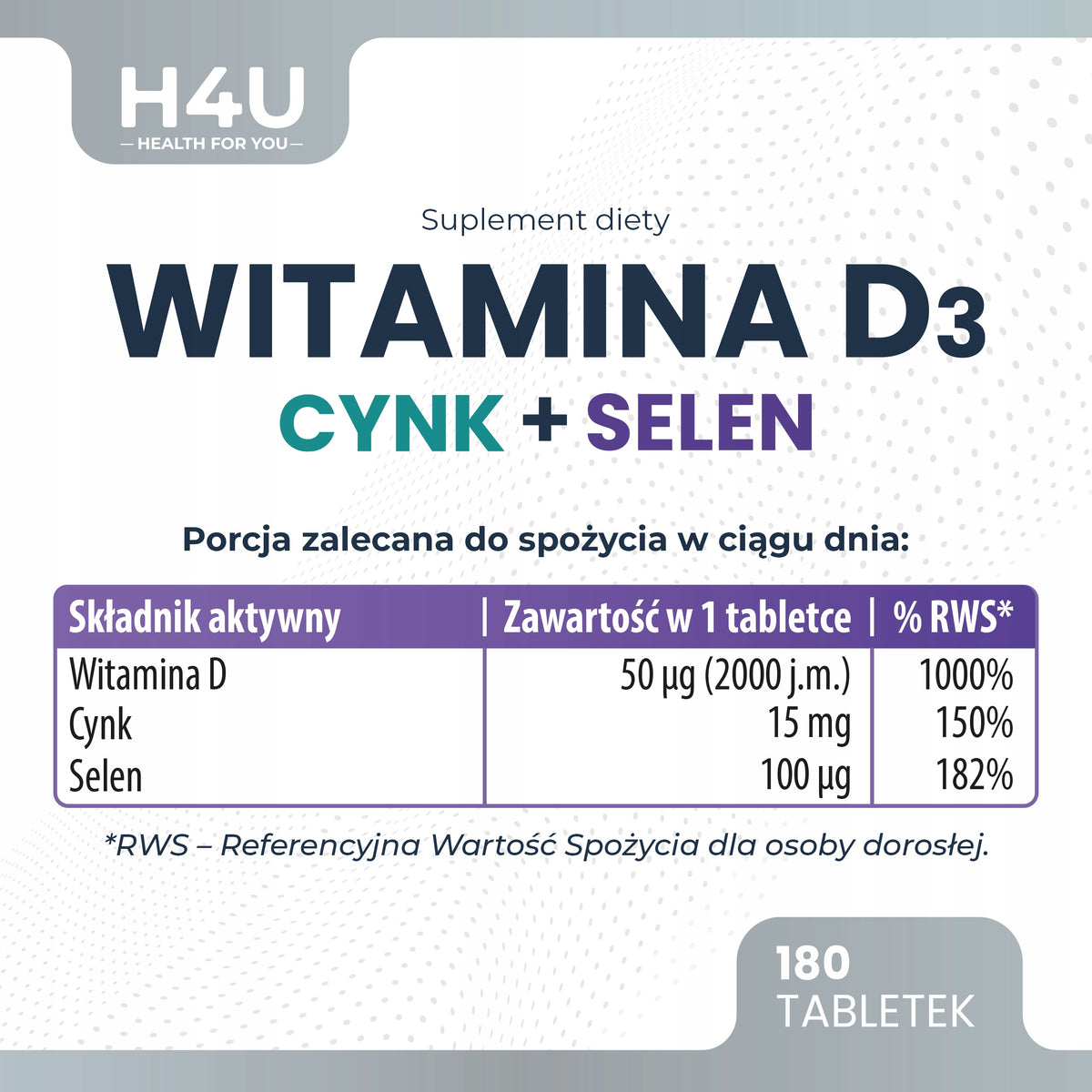 Witamina D3 Cynk Selen H4U 180 tab 2000 IU odporność wsparcie organizmu