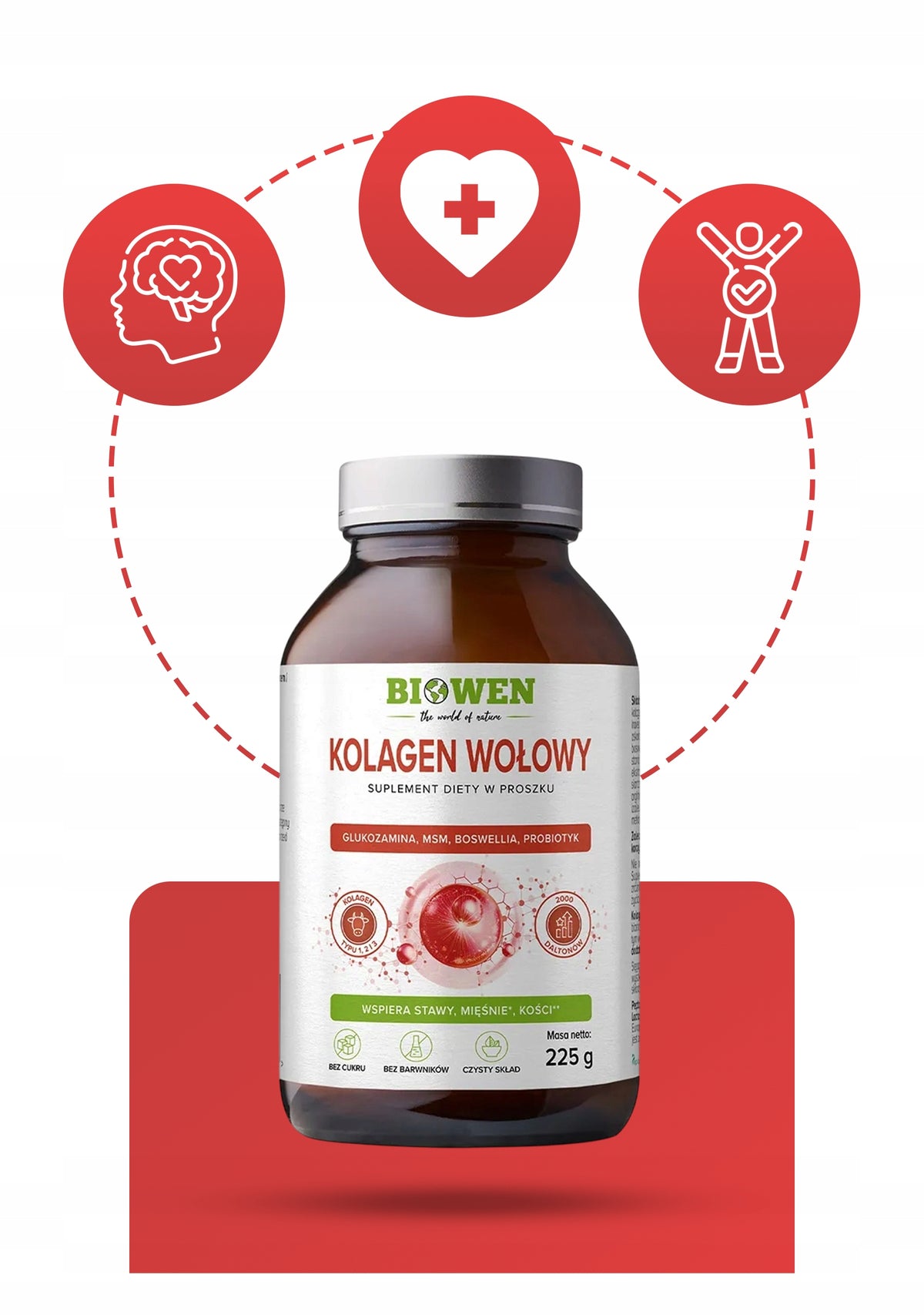 KOLAGEN WOLOWY BIOWEN GLUKOZAMINA MSM BOSWELLIA PROBIOTYKI 225G STAWY KOŚCI