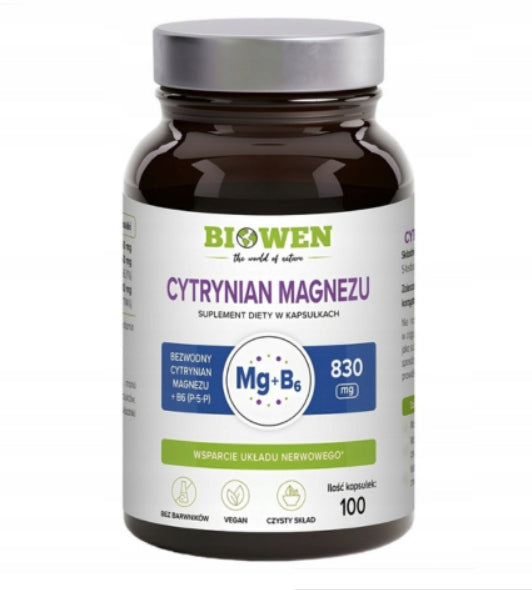BIOWEN CYTRYNIAN MAGNEZU 825MG + WIT B6 P-5-P MIĘŚNIE SKURCZE SERCE 100 KAP