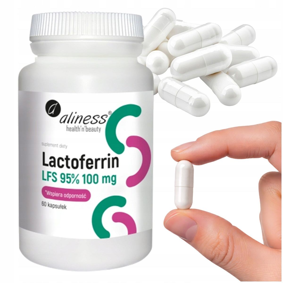 ALINESS LACTOFERRIN LAKTOFERYNA LFS 95% 100MG 60 KAP ODPORNOŚĆ ANEMIA SKÓRA