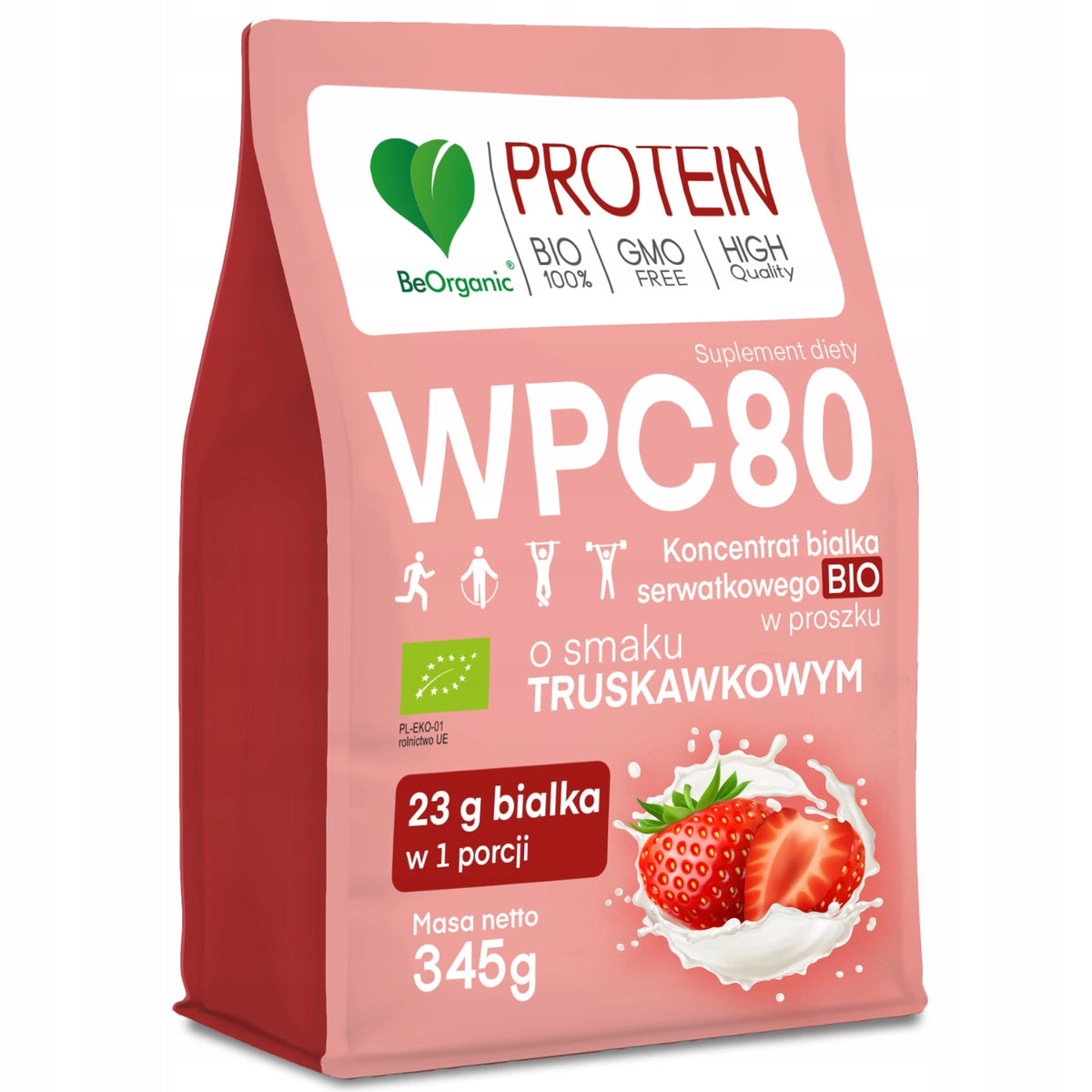 BeOrganic WPC 80 BIAŁKO SERWATKOWE BIO ODŻYWKA BIAŁKOWA smak TRUSKAWKOWY
