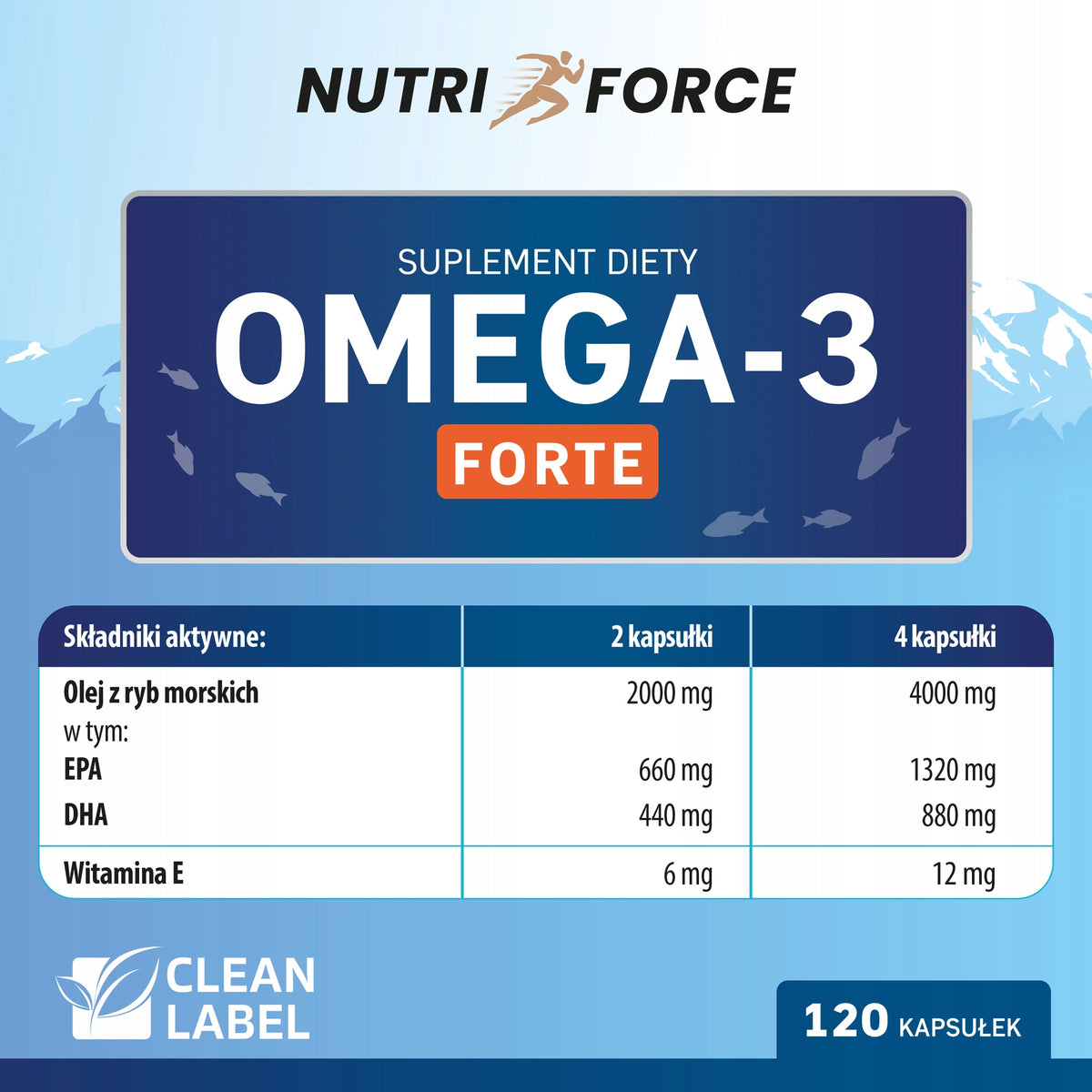 NURTI FORCE Omega-3 Forte 120 Wysoka zawartość EPA DHA, serce mózg wzrok