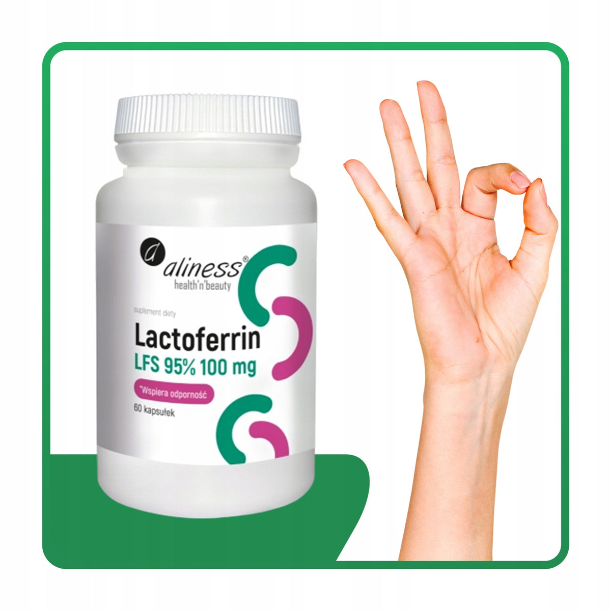 ALINESS LACTOFERRIN LAKTOFERYNA LFS 95% 100MG 60 KAP ODPORNOŚĆ ANEMIA SKÓRA