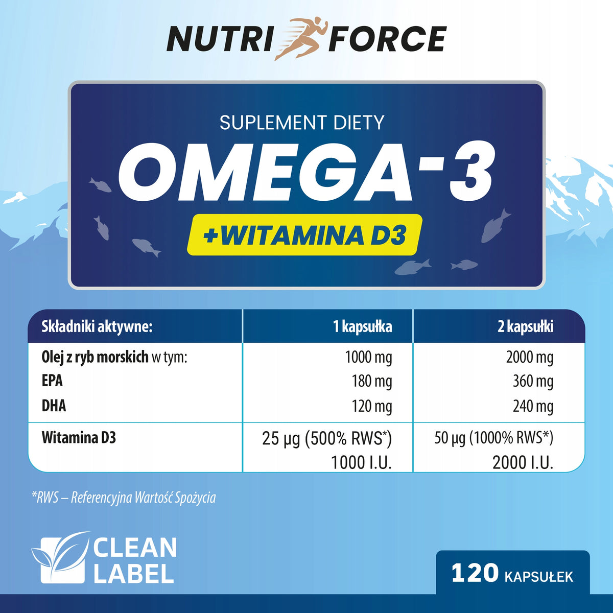 OMEGA 3 + D3 90 kaps. – EPA DHA + Witamina D 2000 IU, serce odporność kości