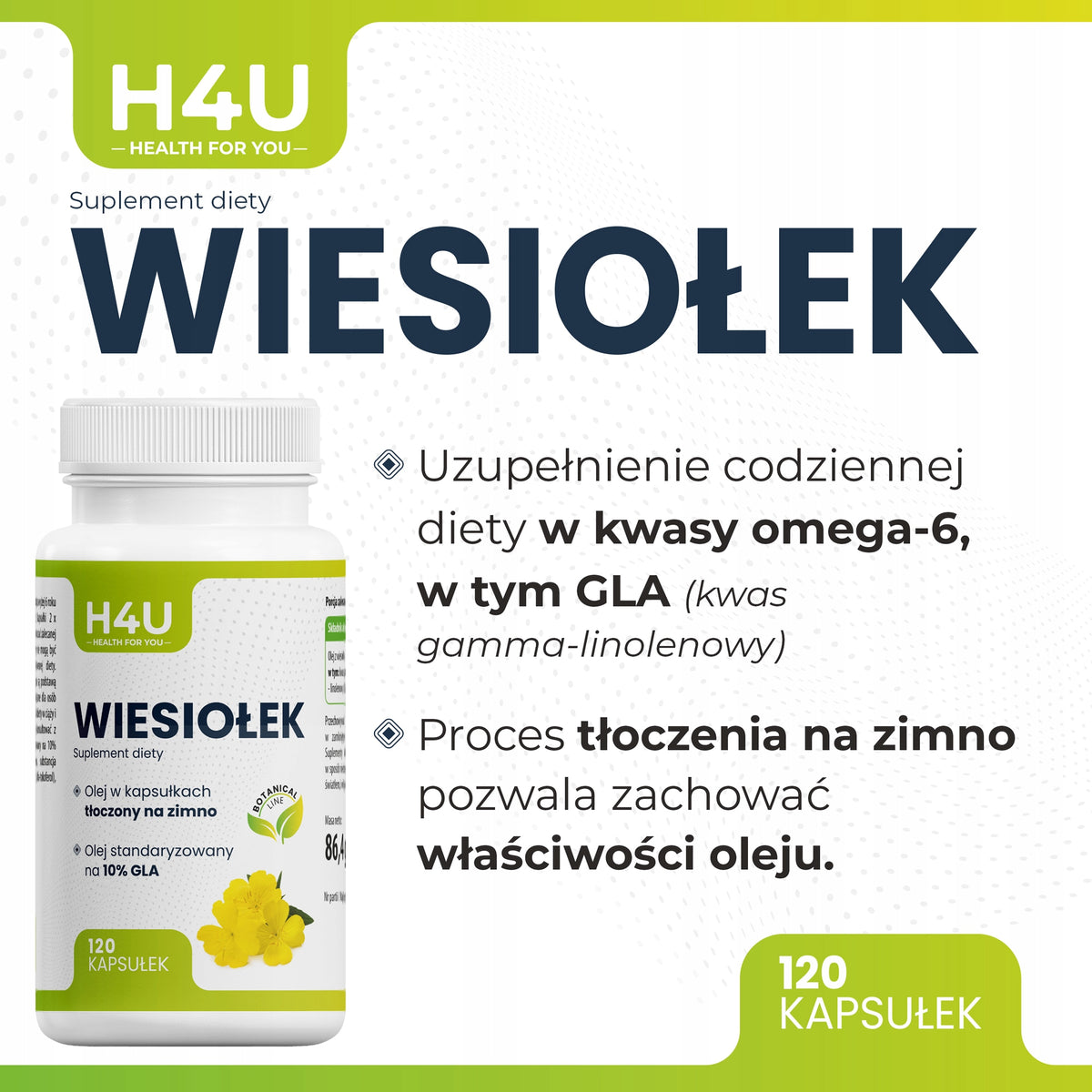 Olej z Wiesiołka 10% GLA 120 kapsułek Wiesiołek 2000 mg Skóra Hormony PMS