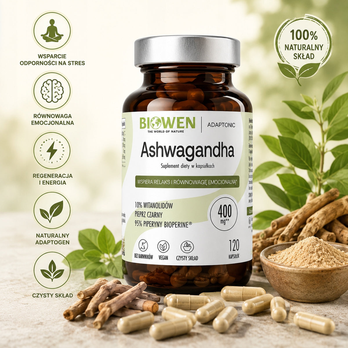 BIOWEN ASHWAGANDHA 10% 400mg PAMIĘĆ SEN NERWY STRES ENERGIA VEGE 120 kaps