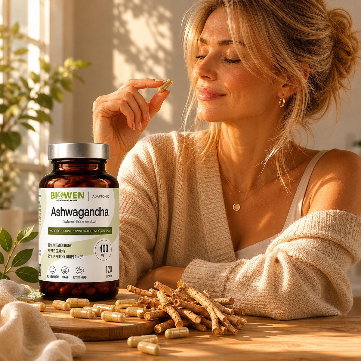 BIOWEN ASHWAGANDHA 10% 400mg PAMIĘĆ SEN NERWY STRES ENERGIA VEGE 120 kaps