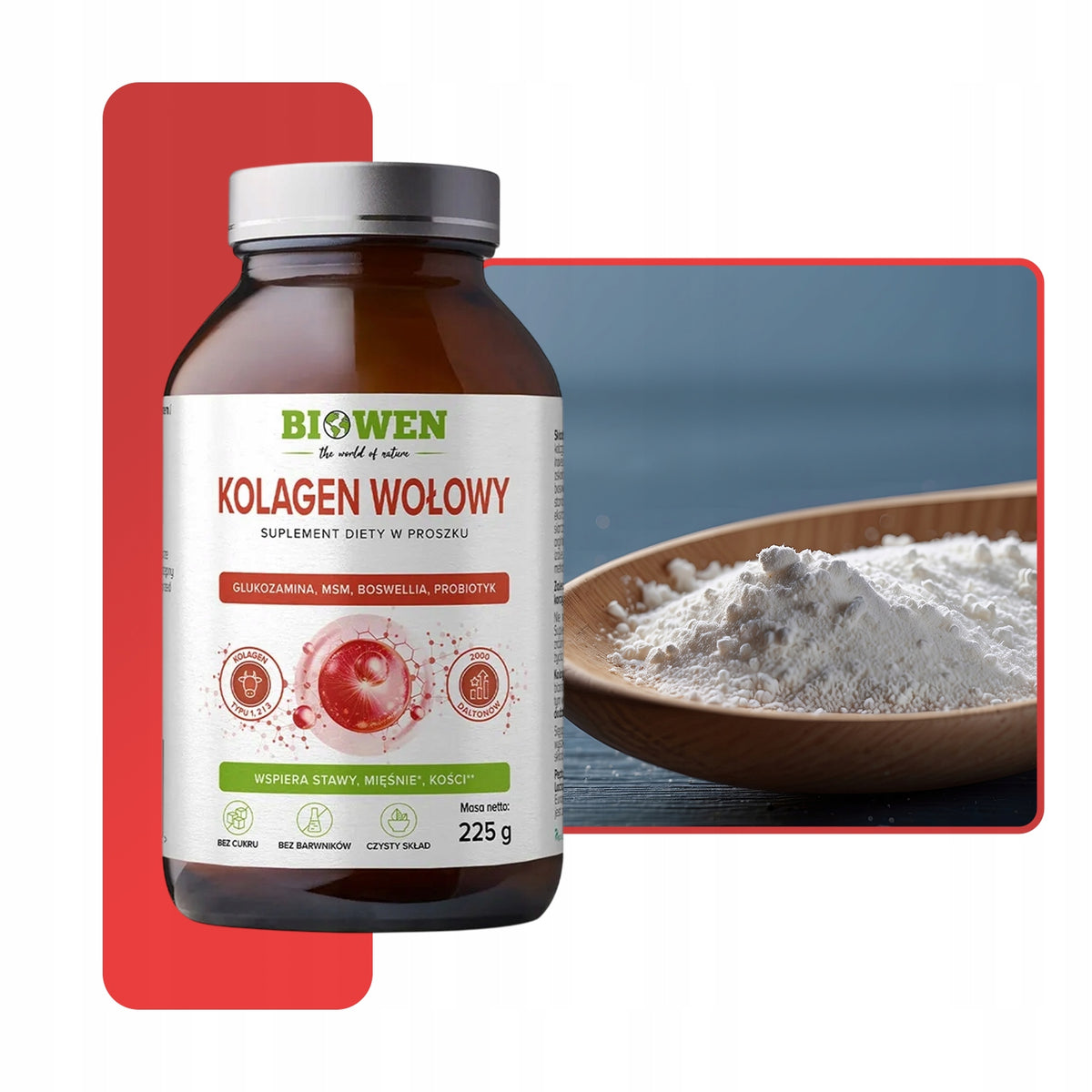 KOLAGEN WOLOWY BIOWEN GLUKOZAMINA MSM BOSWELLIA PROBIOTYKI 225G STAWY KOŚCI