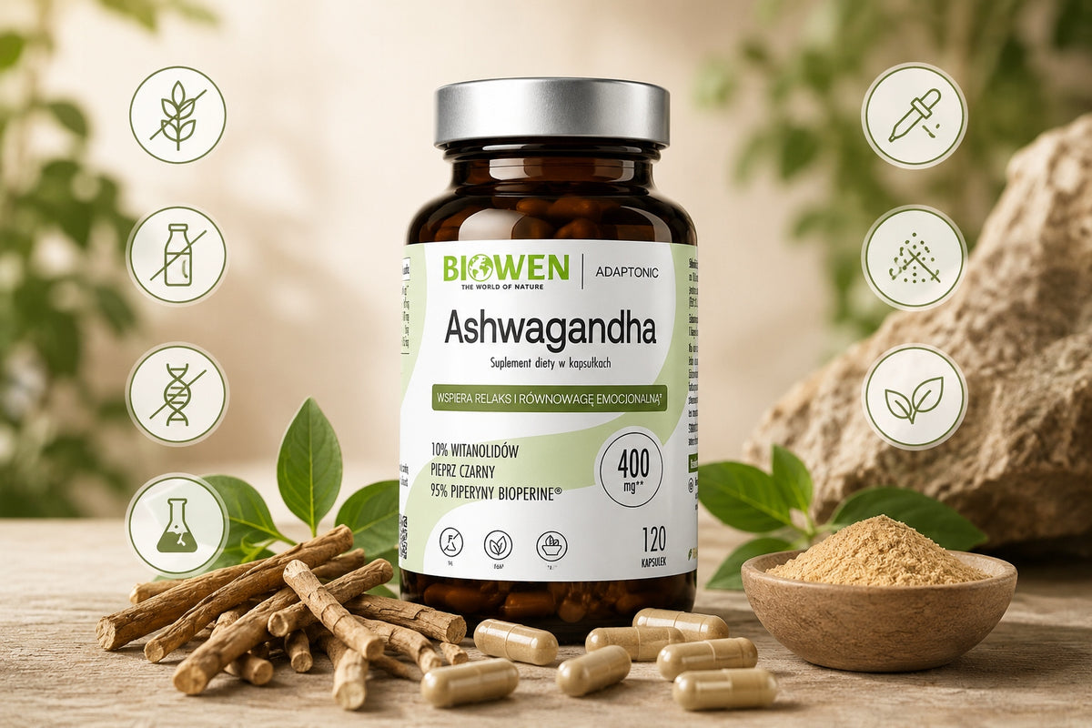 BIOWEN ASHWAGANDHA 10% 400mg PAMIĘĆ SEN NERWY STRES ENERGIA VEGE 120 kaps